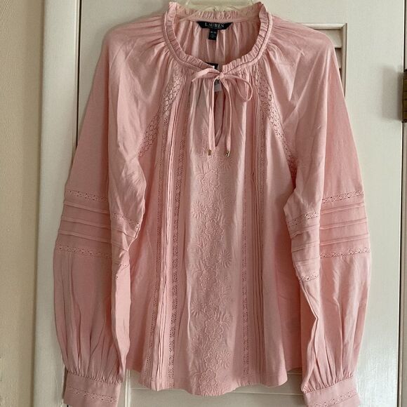 NWT Polo RALPH LAUREN PEACH PINK LACED EMBROIDERED LONG SLEEVE WOMAN Top XL - Picture 2 of 14